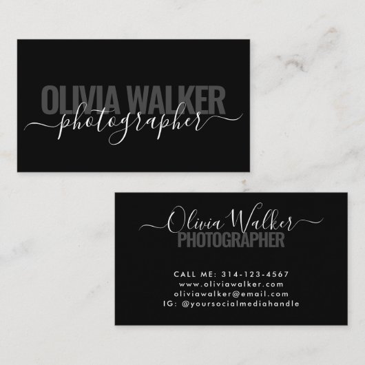 Carte De Visite Photographe de script moderne Black Chic (Devant / Derrière)