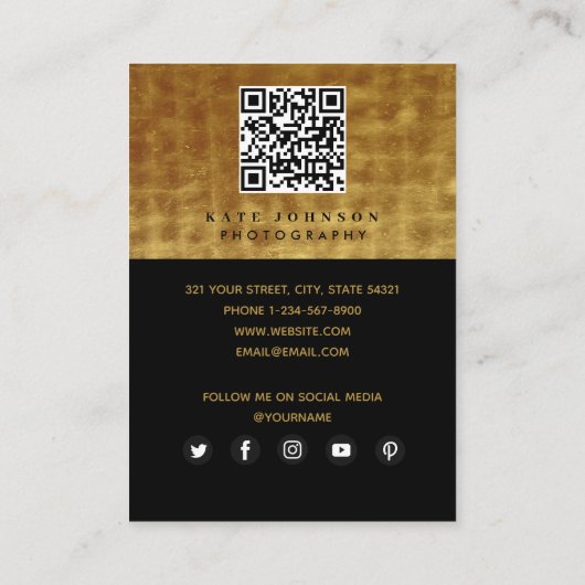 Carte De Visite Photographe en or noir QR Code médias sociaux (Dos)