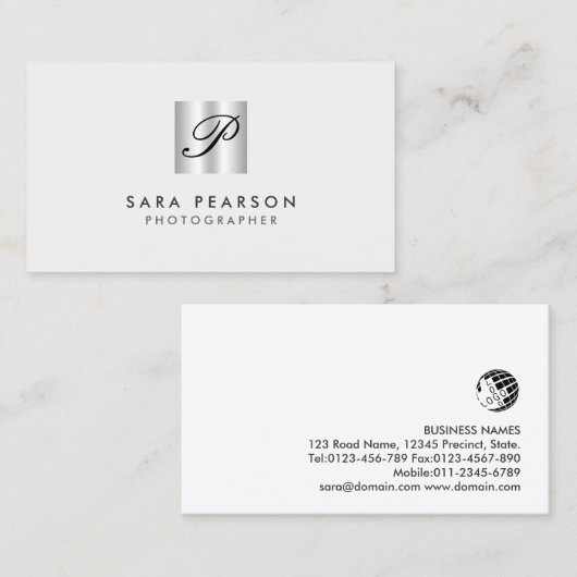 Carte De Visite Photographe Faux Silver Monogram (Devant / Derrière)