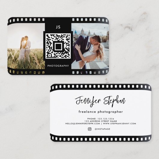 Carte De Visite Photographe FilmRoll Photo QR Code initial unique (Devant / Derrière)