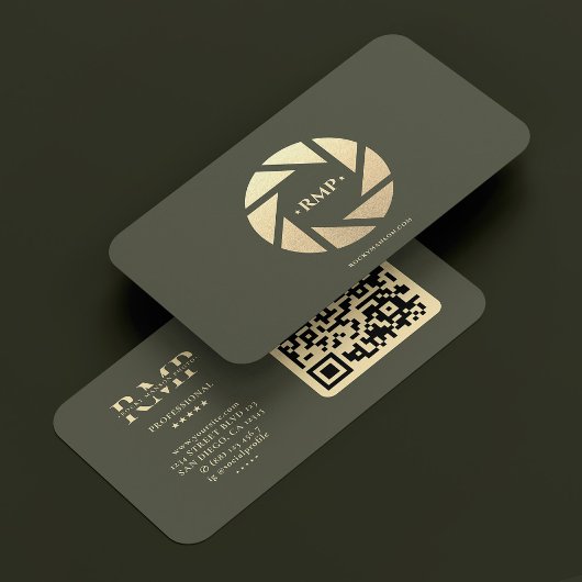 Carte De Visite Photographe Gold Camera Lens Armée Vert moderne