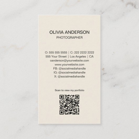 Carte De Visite Photographe moderne 2 Photos QR Code Simple Cream (Dos)