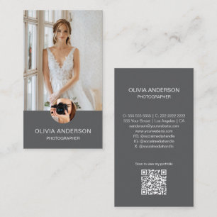 Carte De Visite Photographe moderne 2 Photos QR Code Simple Grey