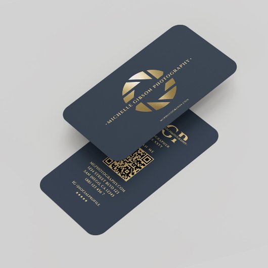 Carte De Visite Photographe Monogram Blue Gold Lens Moderne