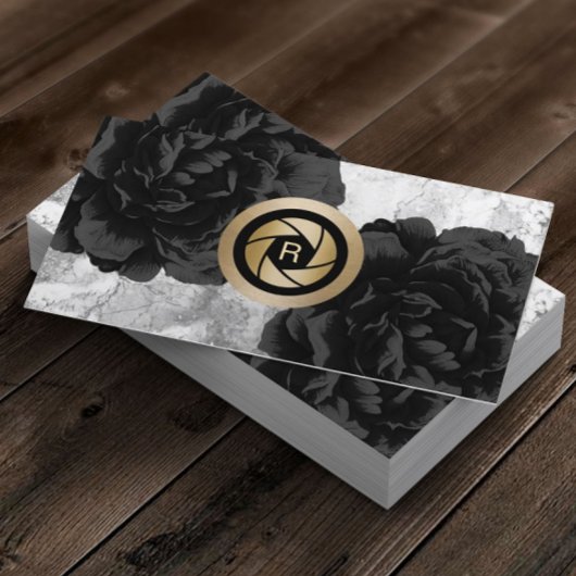 Carte De Visite Photographe Monogram Gold Shutter Black Floral