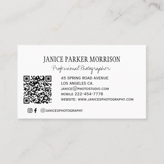 Carte De Visite Photographe professionnel de code QR noir et blanc (Dos)