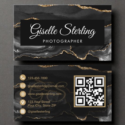 Carte De Visite Photographe QR Code Black Gold Agate Luxe Luxe
