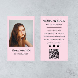Carte de visite photographe rose poudré avec QR Co