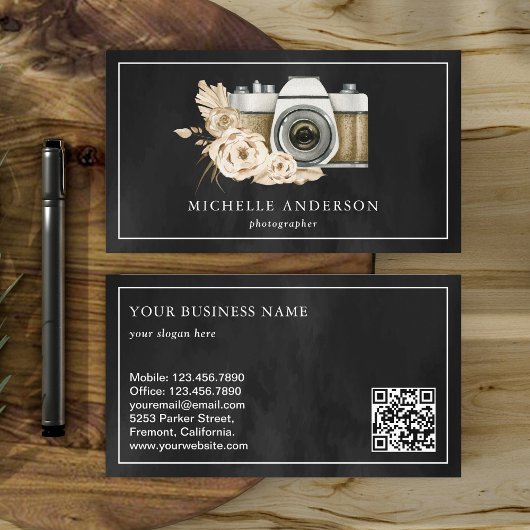 Carte De Visite Photographe Rustique Boho Floral Camera QR Code
