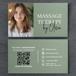 Carte De Visite Photographe Thérapeute de Massage Vert Sauge Métal