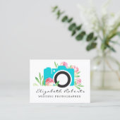 Carte De Visite Photographe Turquoise Chic Rose Caméra Mariage (Debout devant)