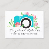 Carte De Visite Photographe Turquoise Chic Rose Caméra Mariage (Devant)