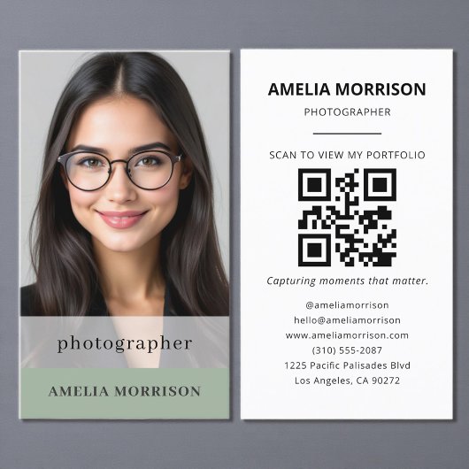 Carte De Visite Photographe Vert Sage QR Code Photo Moderne