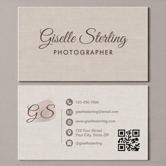 Carte De Visite Photographer Beige Linen Modern Elegant QR Code