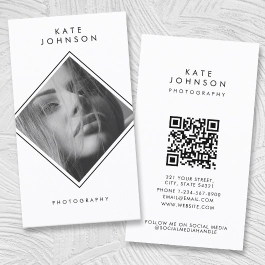 Carte De Visite Photographie moderne simple noir et blanc Code QR