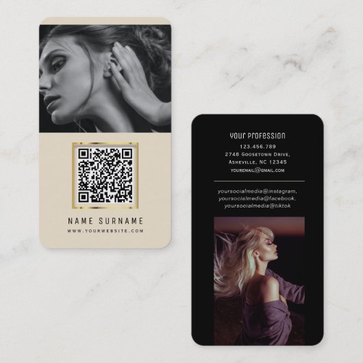 Carte De Visite photos code qr scannable code barre moderne beige (Devant / Derrière)
