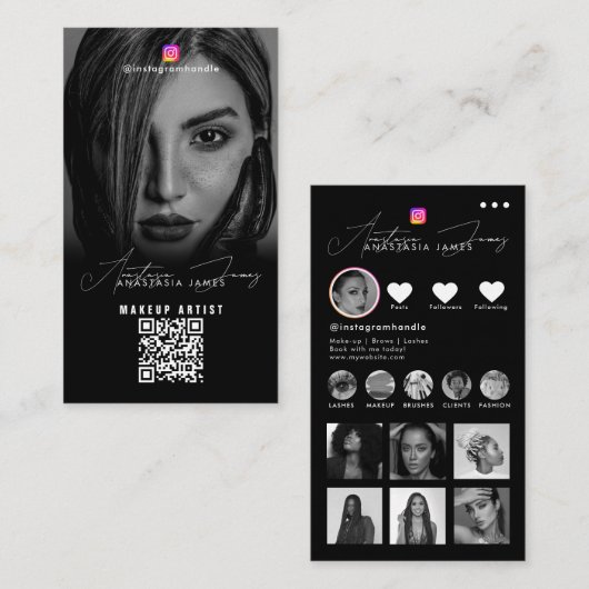 Carte De Visite Photos d'influenceur Noir Blanc Code QR des médias (Devant / Derrière)