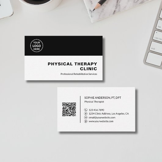 Carte De Visite Physical Therapy Clinic Professional Logo QR Black