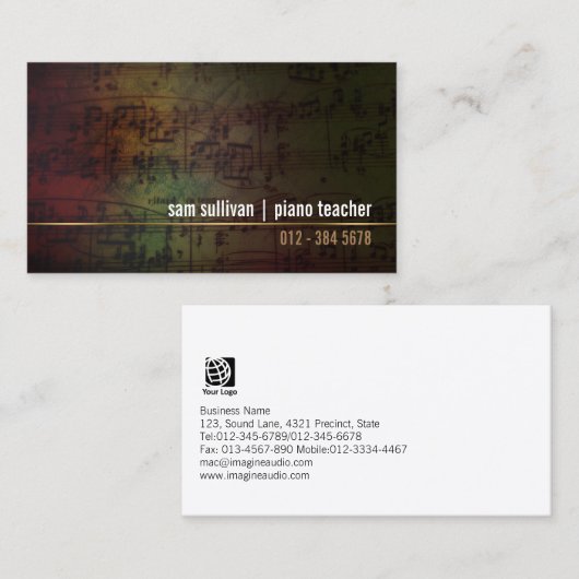 Carte De Visite Piano Enseignant Musicien Grunge Notes musicales (Devant / Derrière)