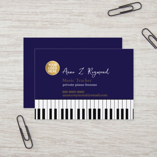 Carte De Visite Piano Music Teacher deep-blue with logo (Devant/Arrière en situation)