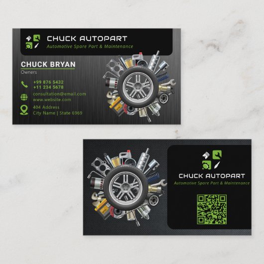 Carte De Visite pièce automobile moderne | vert noir (Devant / Derrière)