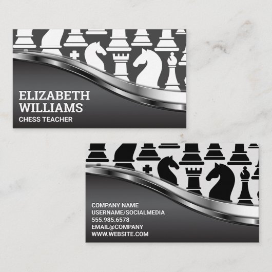 Carte De Visite Pièces d'échecs noir et blanc | Lumière métallique (Devant / Derrière)