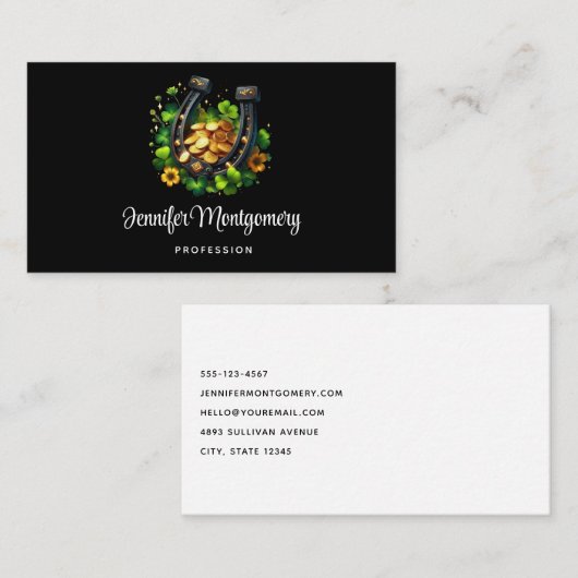 Carte De Visite Pièces en or Lucky Horseshoe et Clover (Devant / Derrière)