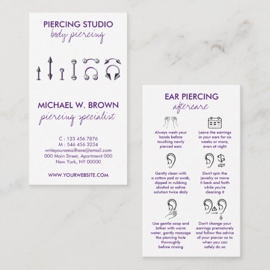 Carte De Visite Piercing pour bijoux corps pourpre (Devant / Derrière)