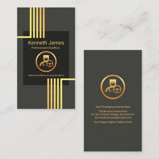 Carte De Visite Pilote Chauffeur Elegant Gold Vertical Lines (Devant / Derrière)