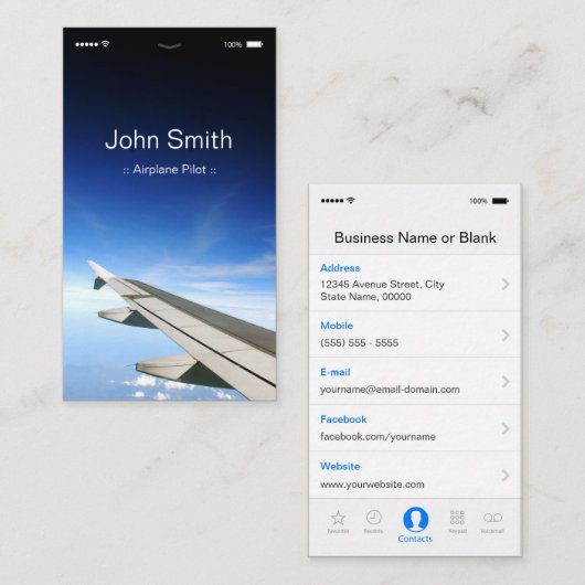 Carte De Visite Pilote d'avion - Style d'interface utilisateur pla (Devant / Derrière)