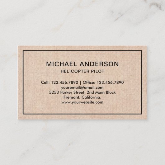 Carte De Visite Pilote d'hélicoptère Burlap Rustique moderne (Dos)