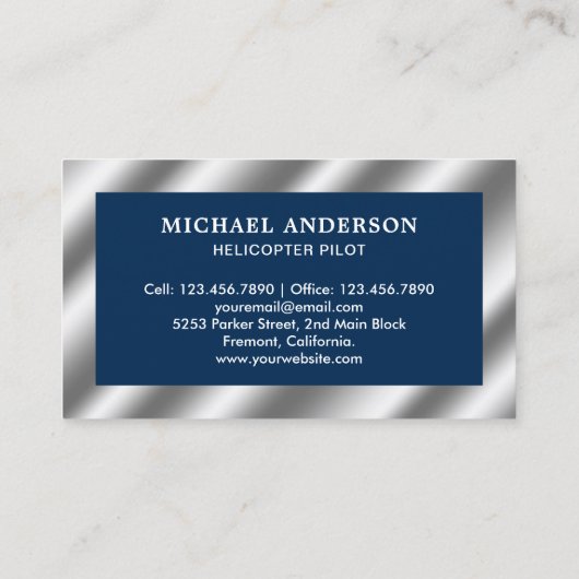 Carte De Visite Pilote d'hélicoptère en acier métallique bleu et b (Dos)