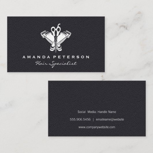 Carte De Visite Pince à cheveux et outils à cheveux | Cuir noir (Devant / Derrière)