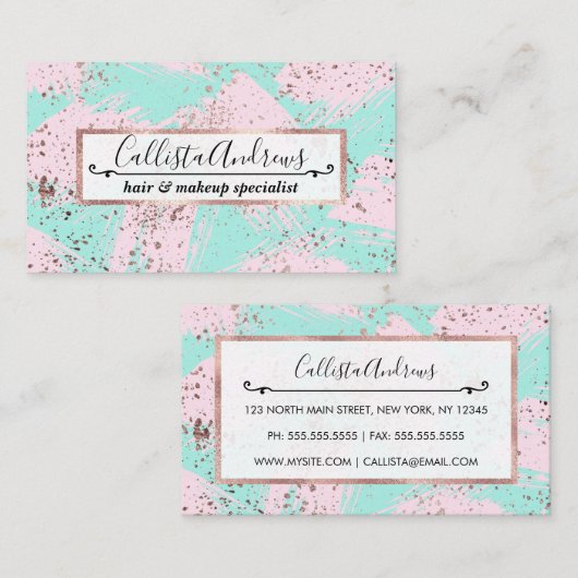 Carte De Visite Pinceau rose de peinture dorée Bleu rose brosse (Devant / Derrière)