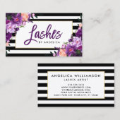 Carte De Visite Pinceau Script Floral Violet Cils Rayé (Devant / Derrière)