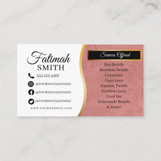 Carte De Visite Pink and Gold Moderne Hair Braiing Salon Business (Dos)