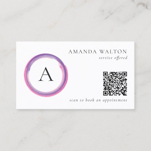 Carte De Visite Pink and Purple Monogram QR Code Modern (Devant)