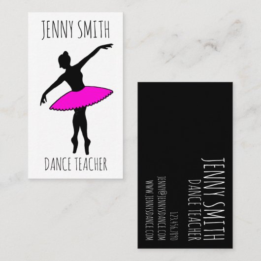 Carte De Visite Pink Ballerina Silhouette Ballet Toe Dance Enseign (Devant / Derrière)