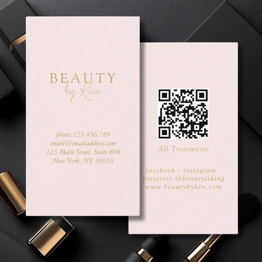 Carte De Visite Pink & Beige-Gold Minimal Élégant, Salon QR Code