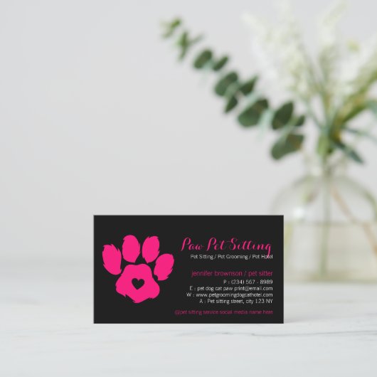 Carte De Visite Pink Black Animal Sitter Social Media Chien Chat P (Debout devant)