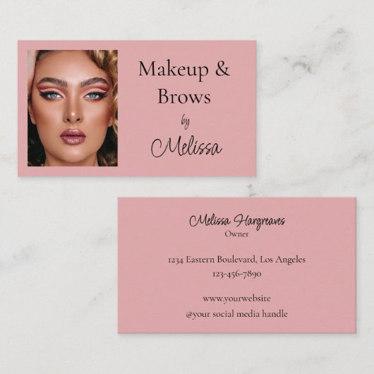 Carte De Visite Pink Black Script Photo Makeup and Brows (Devant / Derrière)