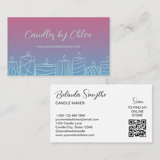 Carte De Visite Pink & Blue Scribbled Candles Candle Maker QR Code (Devant / Derrière)