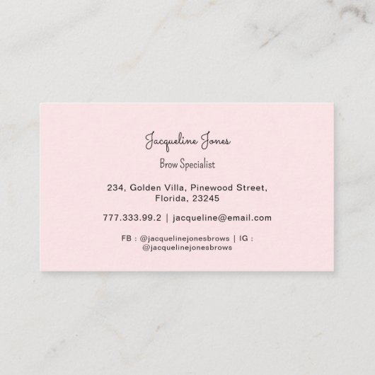 Carte De Visite Pink Brows Beauté Script simple (Dos)