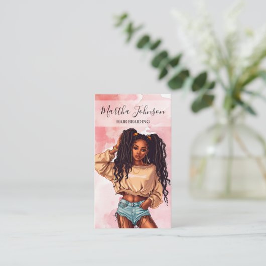 Carte De Visite Pink Chic Afro American Braids Braiding QR Code (Debout devant)