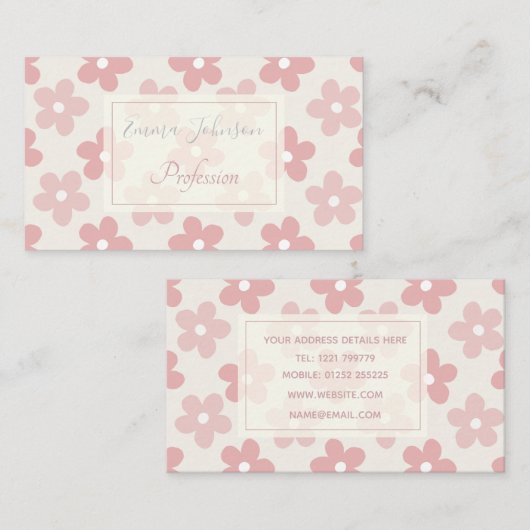 Carte De Visite Pink Cream Daisy Flowers Retro Pattern (Devant / Derrière)