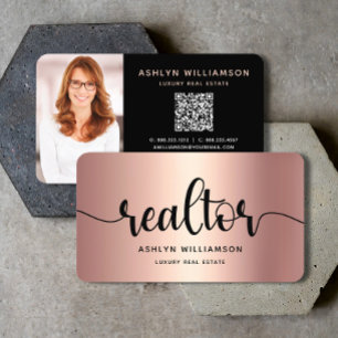 Carte De Visite Pink Cuivre noir Realtor Photo QR Code Broker