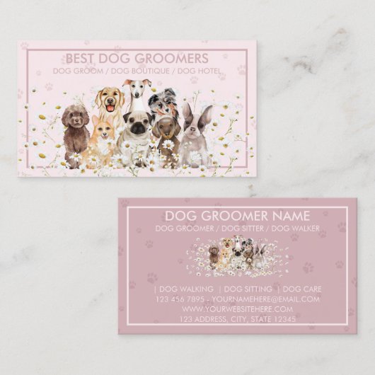 Carte De Visite Pink Daisy Flowers Animaux de compagnie Soins de c (Devant / Derrière)