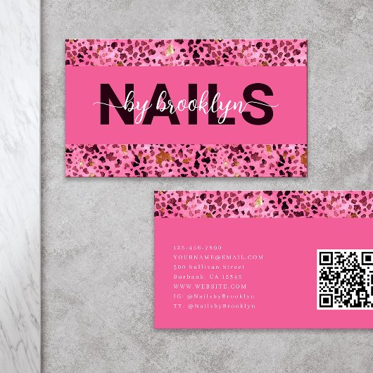 Carte De Visite Pink Empreinte de léopard Gold Foil QR Code Nail T