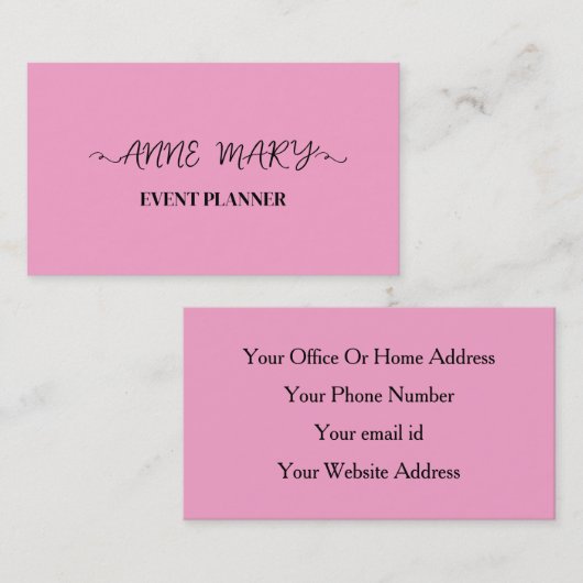 Carte De Visite Pink Girly Calligraphy Event Planner Simple tendan (Devant / Derrière)