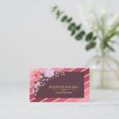 Carte De Visite Pink Gold Diagonal Stripes Floral Event Planner (Debout devant)
